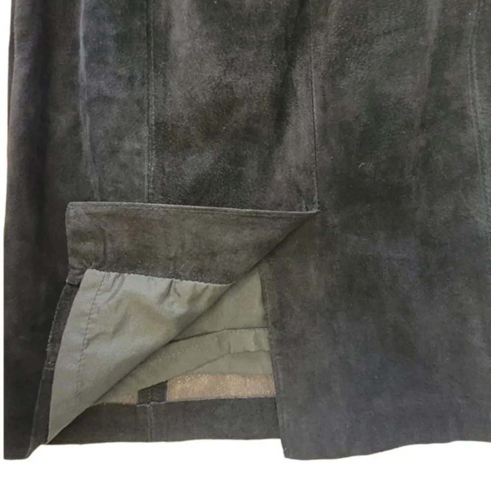 Bianca Vintage Leather Suede Pockets Back‎ Slit zip Modest Straight Midi Skirt